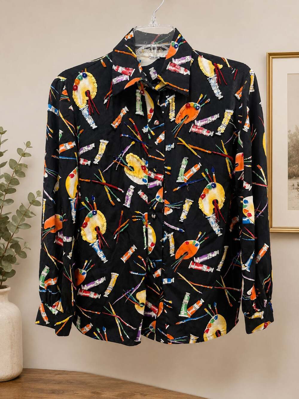 Vintage Exit Shops 100% Silk Beaded Paint Palette Art Print Button Down Shirt S - Picture 2 of 8